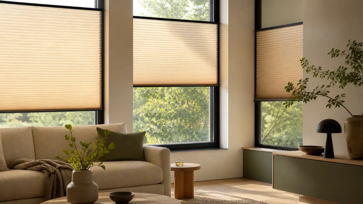 Fenster mit warm getöntem Plissee und Blick ins Grüne